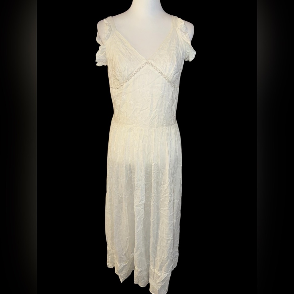 Karavan ivory embroidered maxi dress ruffles flowy women’s size Small